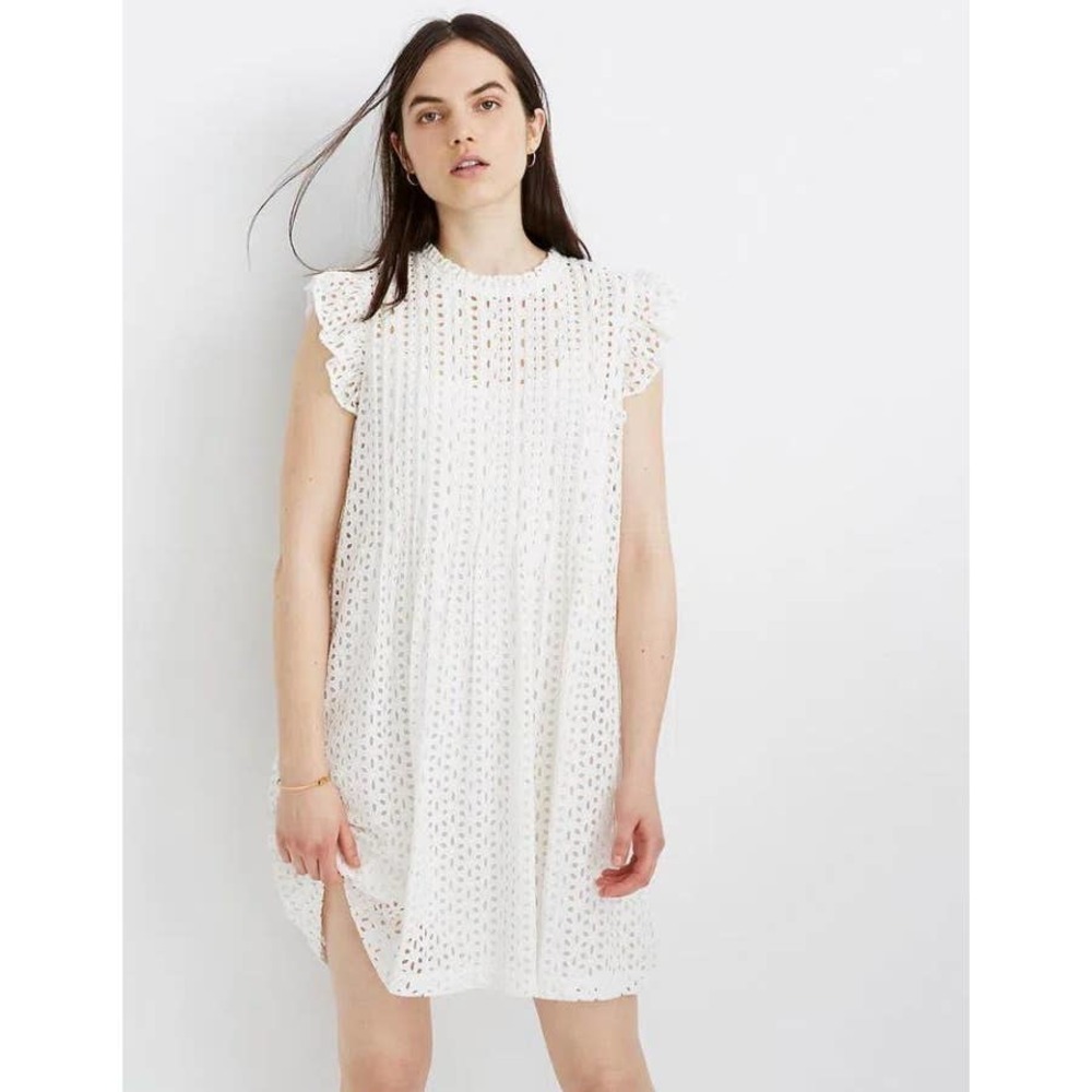 Madewell Women's White Floral Eyelet Ruffle-Sleeve Pintuck Mini Dress Size M